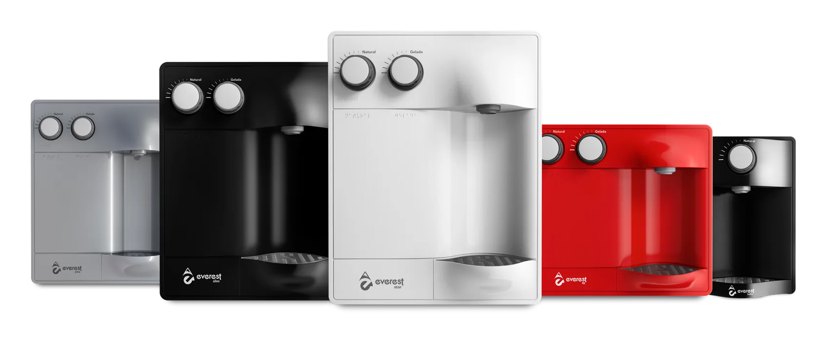 Linha de purificadores Everest: Plus, Slim, Star, Fit e Baby em várias cores